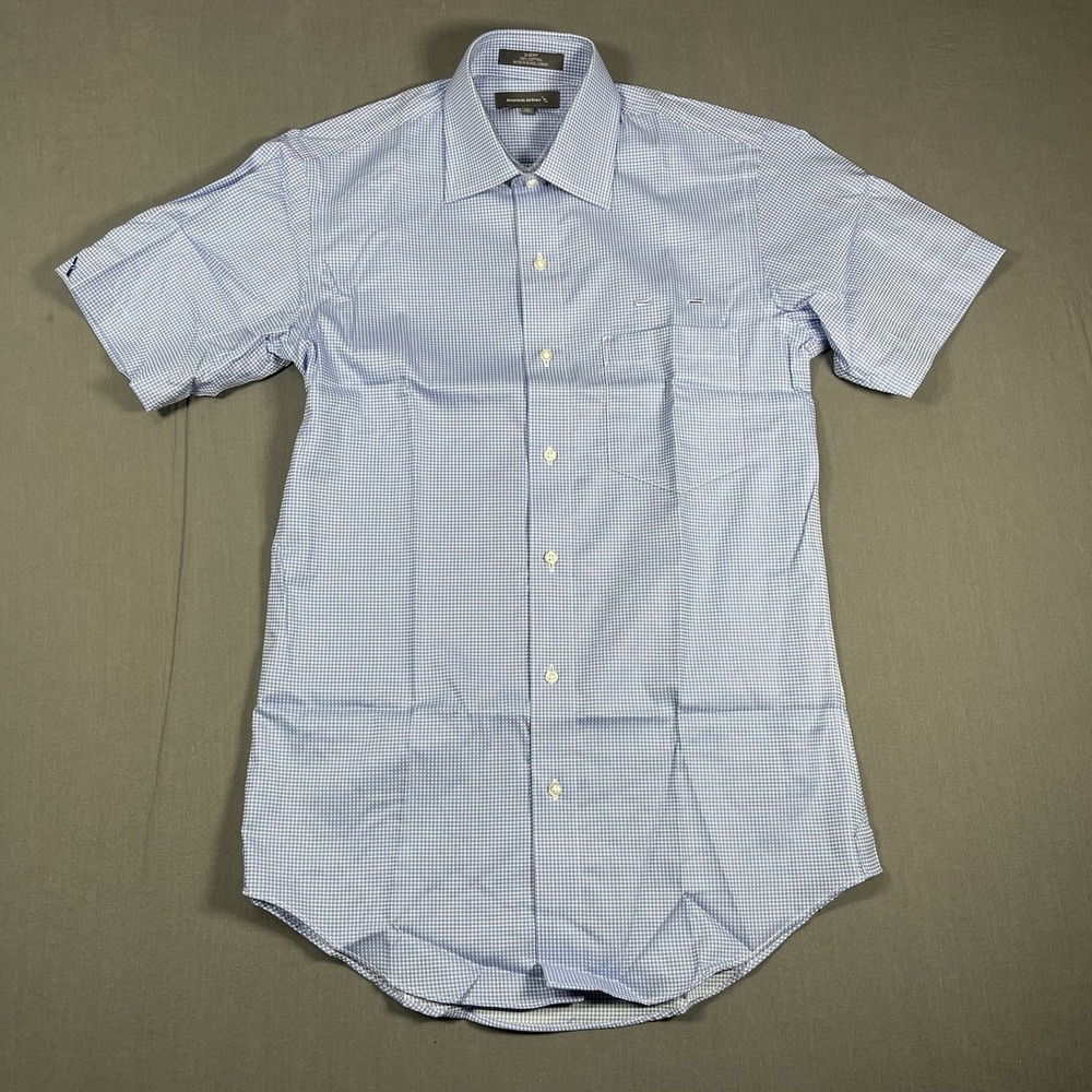 American Airlines Men's Blue White Checkered Short Sleeve Slim Fit Shirt,14.5R